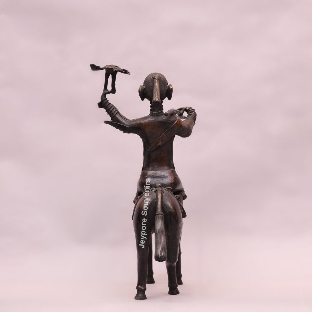 Handcrafted Dhokra Brass Warrior on Horse Sculpture