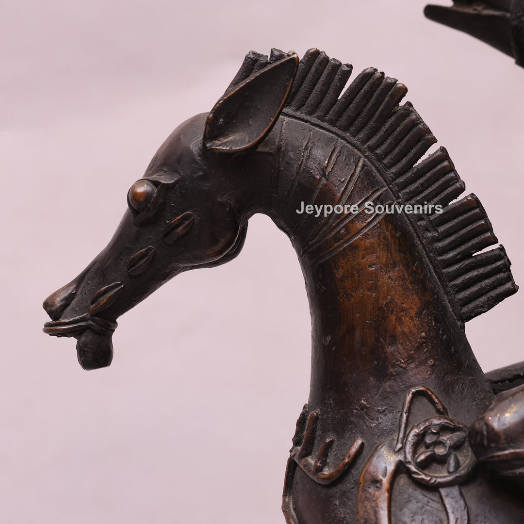 Handcrafted Dhokra Brass Warrior on Horse Sculpture