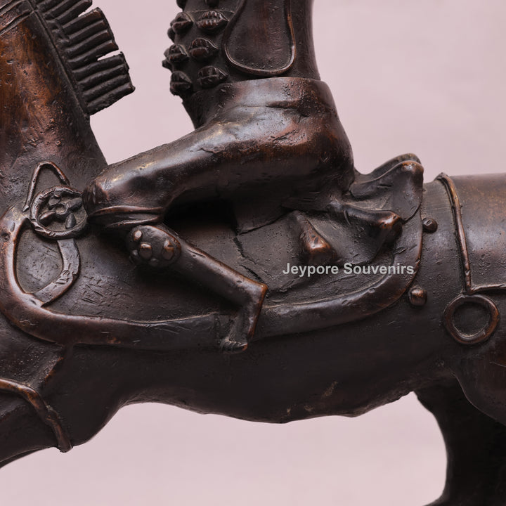 Handcrafted Dhokra Brass Warrior on Horse Sculpture