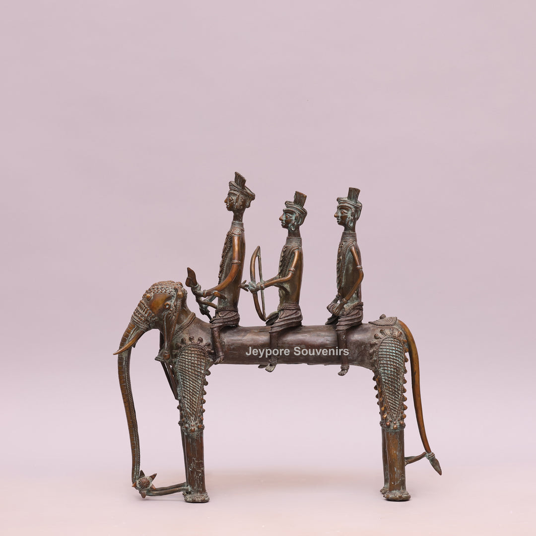 Handcrafted Dhokra Brass Elephant with Three Tribal Figures