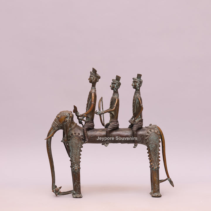 Handcrafted Dhokra Brass Elephant with Three Tribal Figures