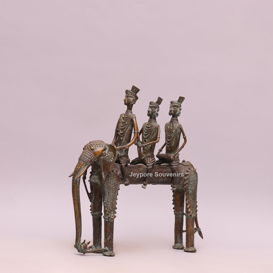 Handcrafted Dhokra Brass Elephant with Three Tribal Figures