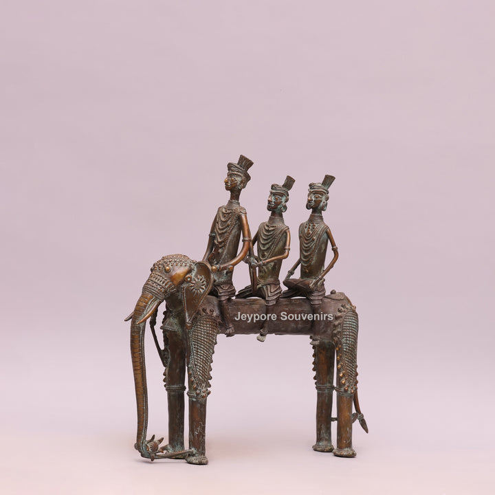 Handcrafted Dhokra Brass Elephant with Three Tribal Figures