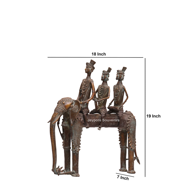 Handcrafted Dhokra Brass Elephant with Three Tribal Figures