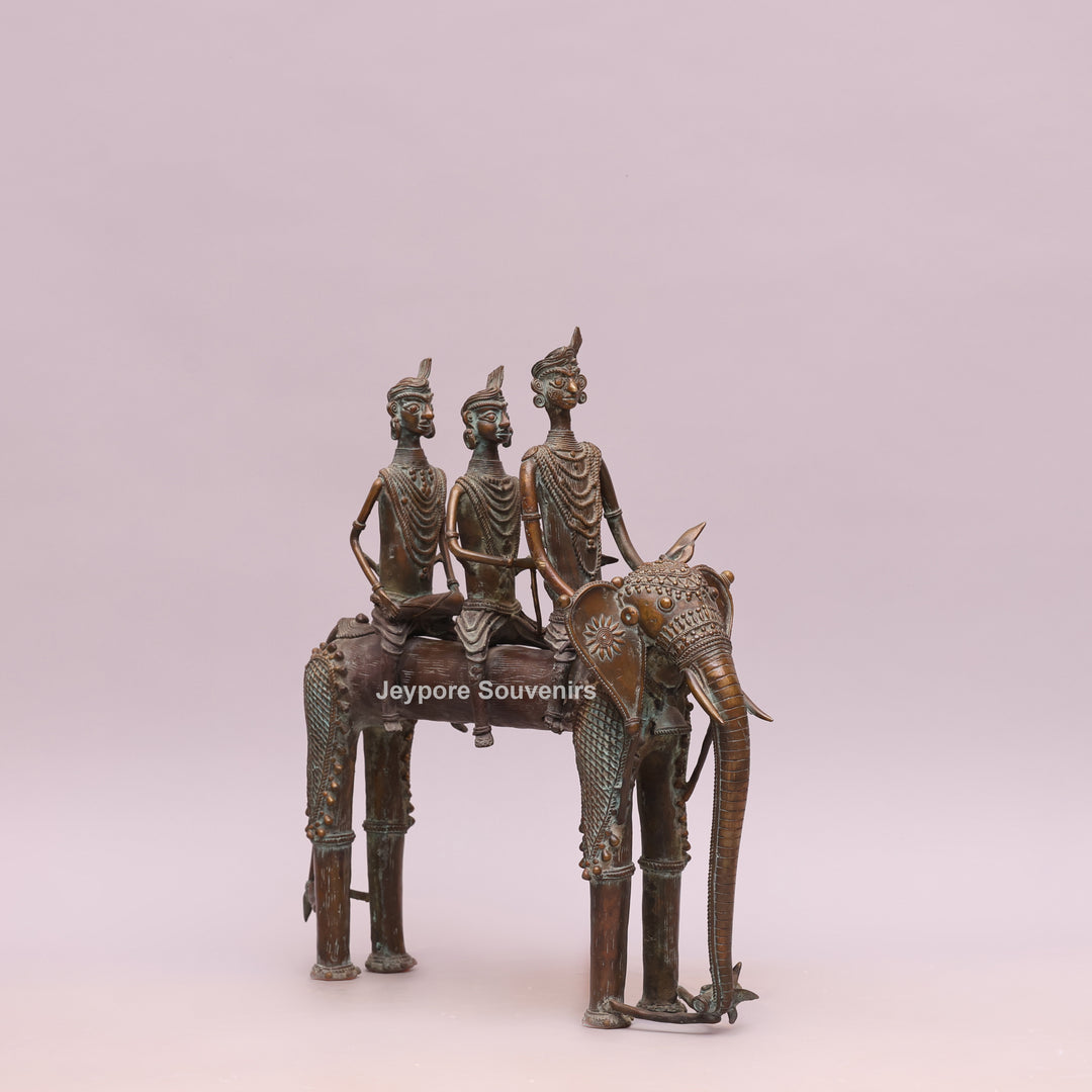 Handcrafted Dhokra Brass Elephant with Three Tribal Figures