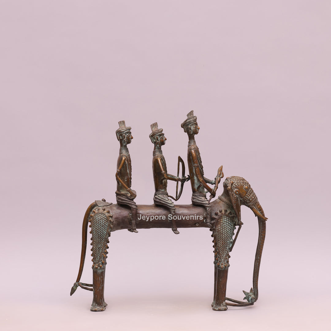 Handcrafted Dhokra Brass Elephant with Three Tribal Figures