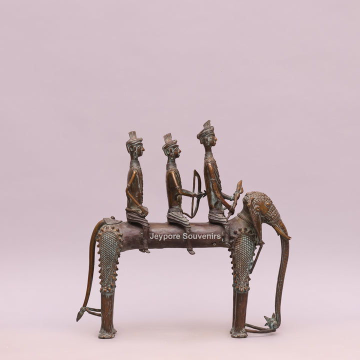 Handcrafted Dhokra Brass Elephant with Three Tribal Figures