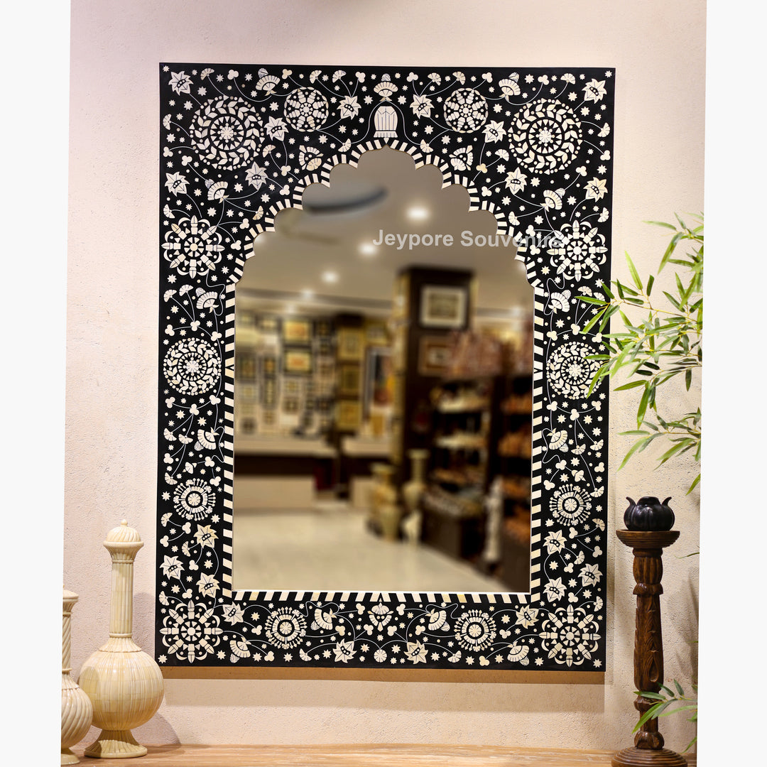 Handcrafted Black Bone Inlay Mehrab Wall Mirror with Floral Pattern