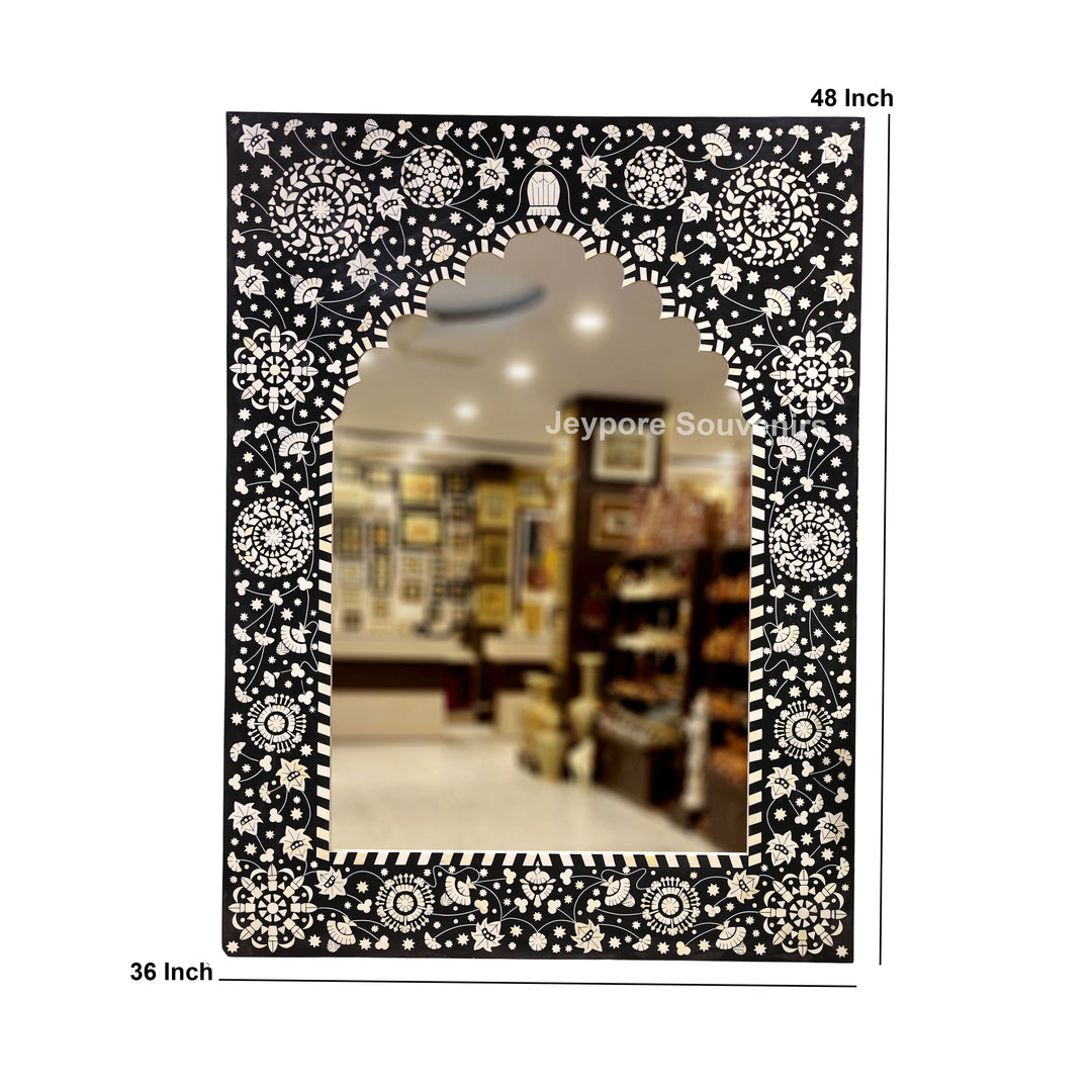 Handcrafted Black Bone Inlay Mehrab Wall Mirror with Floral Pattern