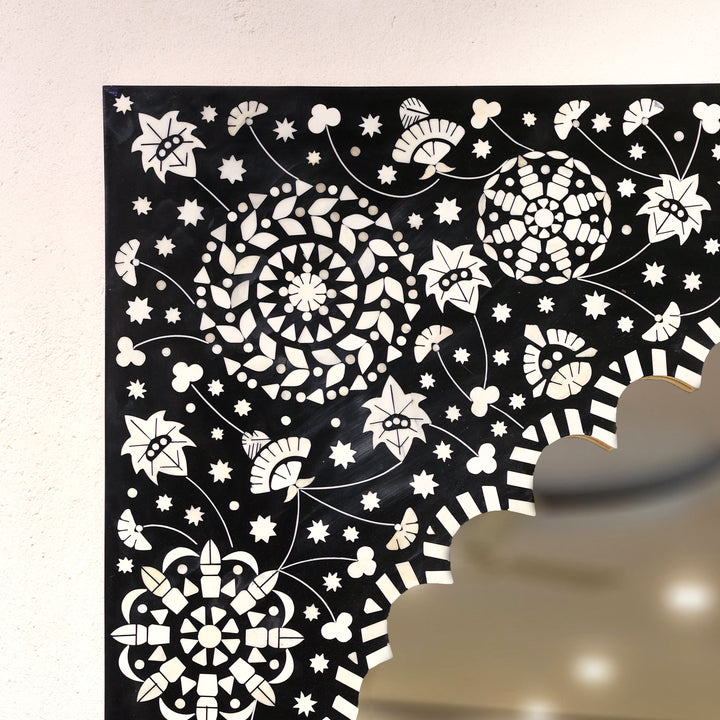 Handcrafted Black Bone Inlay Mehrab Wall Mirror with Floral Pattern