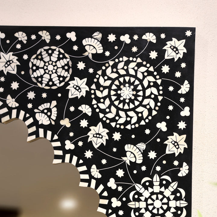 Handcrafted Black Bone Inlay Mehrab Wall Mirror with Floral Pattern