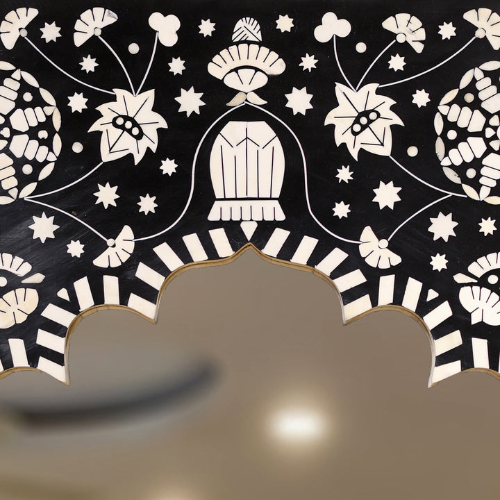 Handcrafted Black Bone Inlay Mehrab Wall Mirror with Floral Pattern