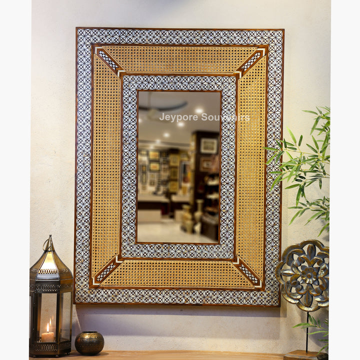 Handcrafted Teak Wood &amp; Cane Frame Rectangular Wall Mirror