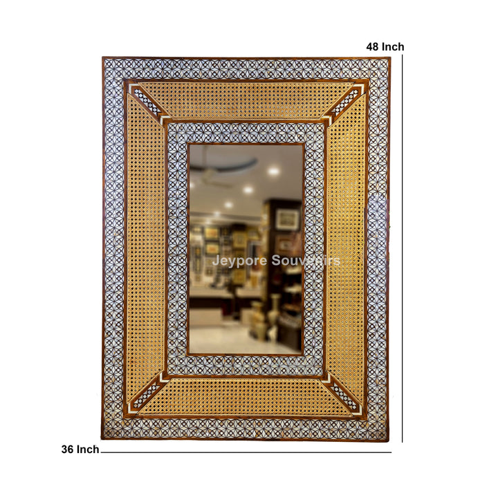 Handcrafted Teak Wood &amp; Cane Frame Rectangular Wall Mirror