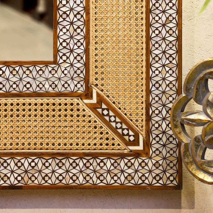 Handcrafted Teak Wood &amp; Cane Frame Rectangular Wall Mirror