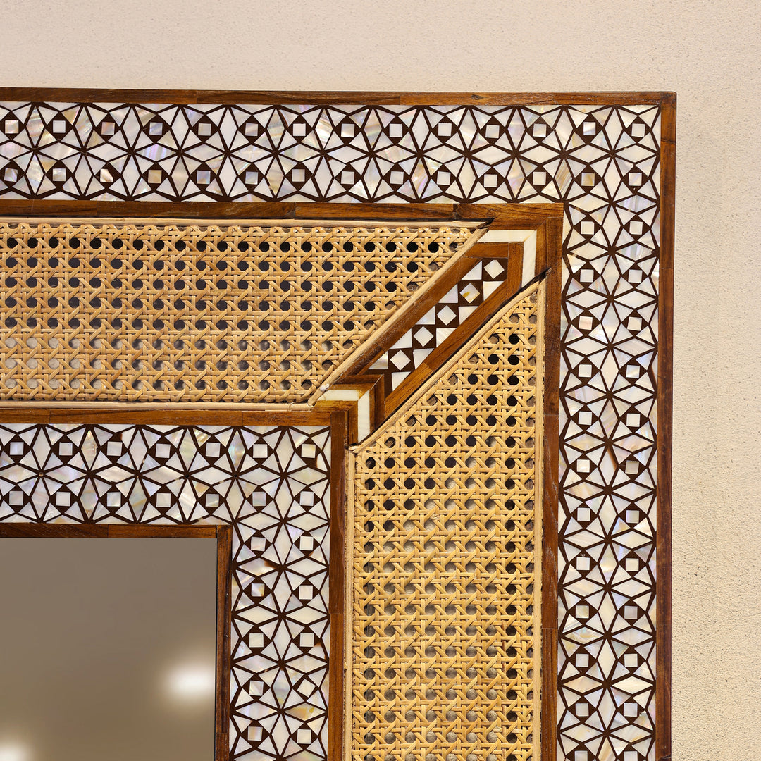 Handcrafted Teak Wood &amp; Cane Frame Rectangular Wall Mirror