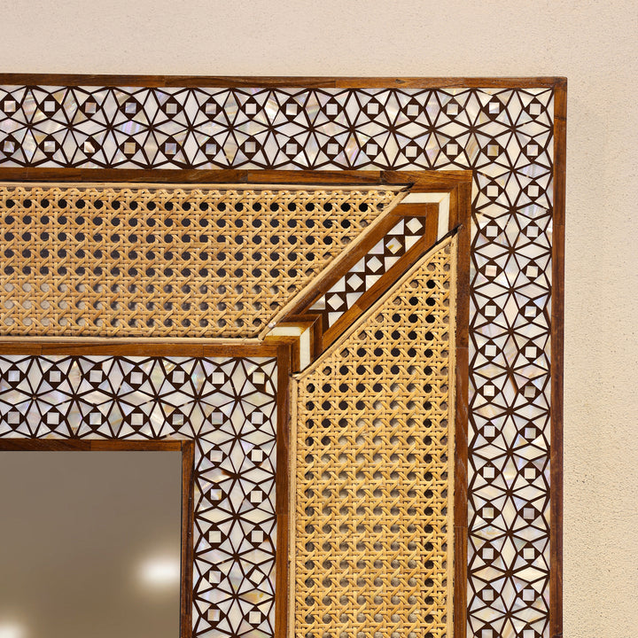 Handcrafted Teak Wood &amp; Cane Frame Rectangular Wall Mirror