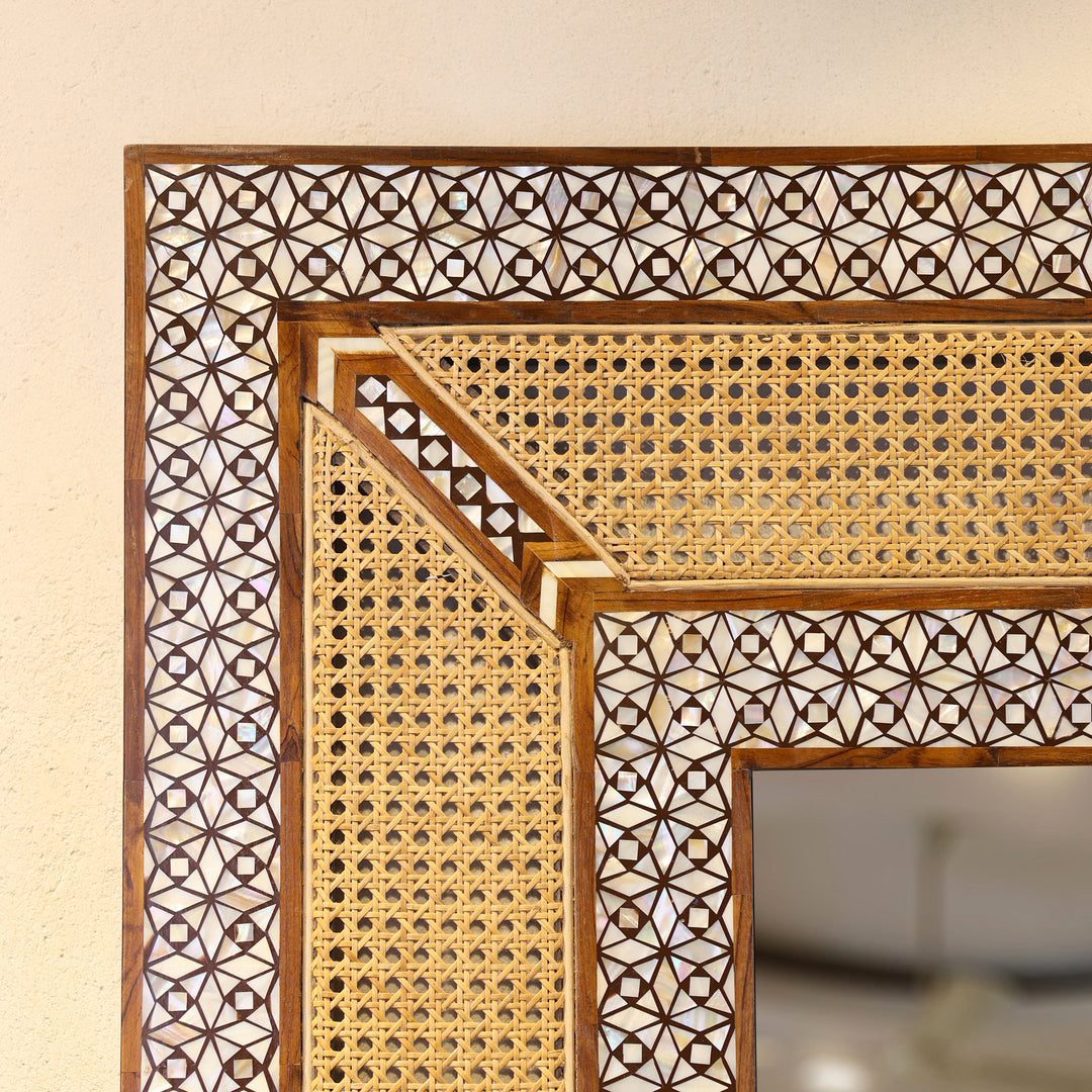 Handcrafted Teak Wood &amp; Cane Frame Rectangular Wall Mirror