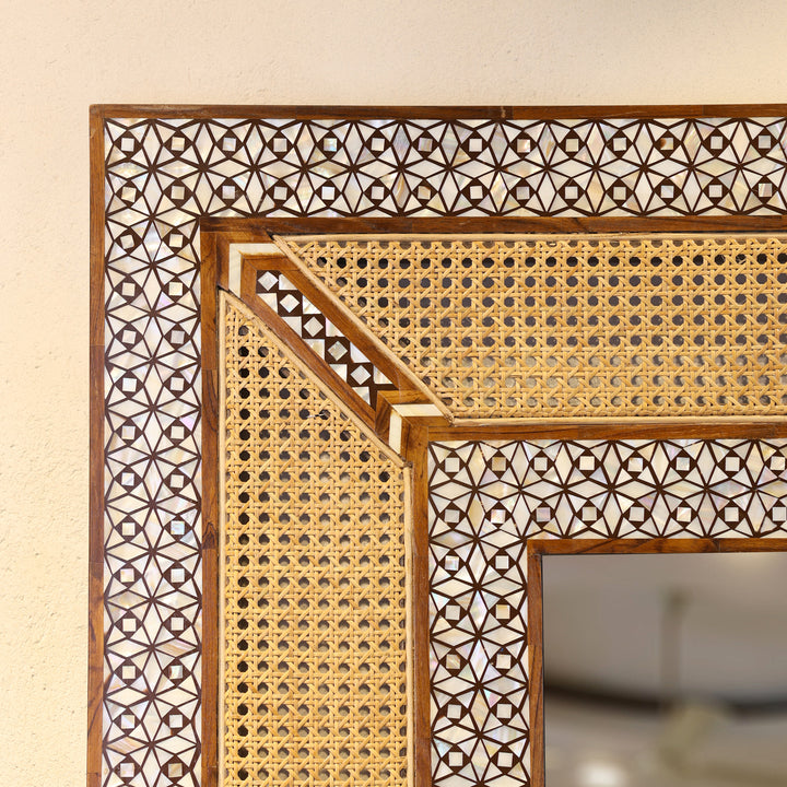 Handcrafted Teak Wood &amp; Cane Frame Rectangular Wall Mirror