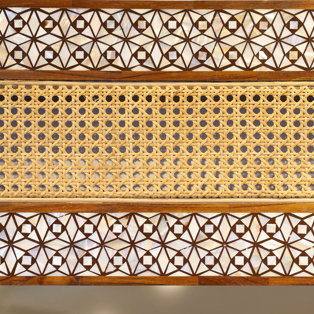 Handcrafted Teak Wood &amp; Cane Frame Rectangular Wall Mirror