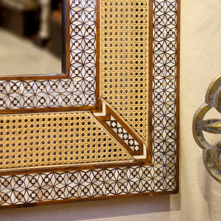 Handcrafted Teak Wood &amp; Cane Frame Rectangular Wall Mirror