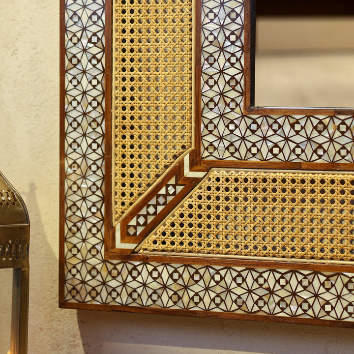 Handcrafted Teak Wood &amp; Cane Frame Rectangular Wall Mirror