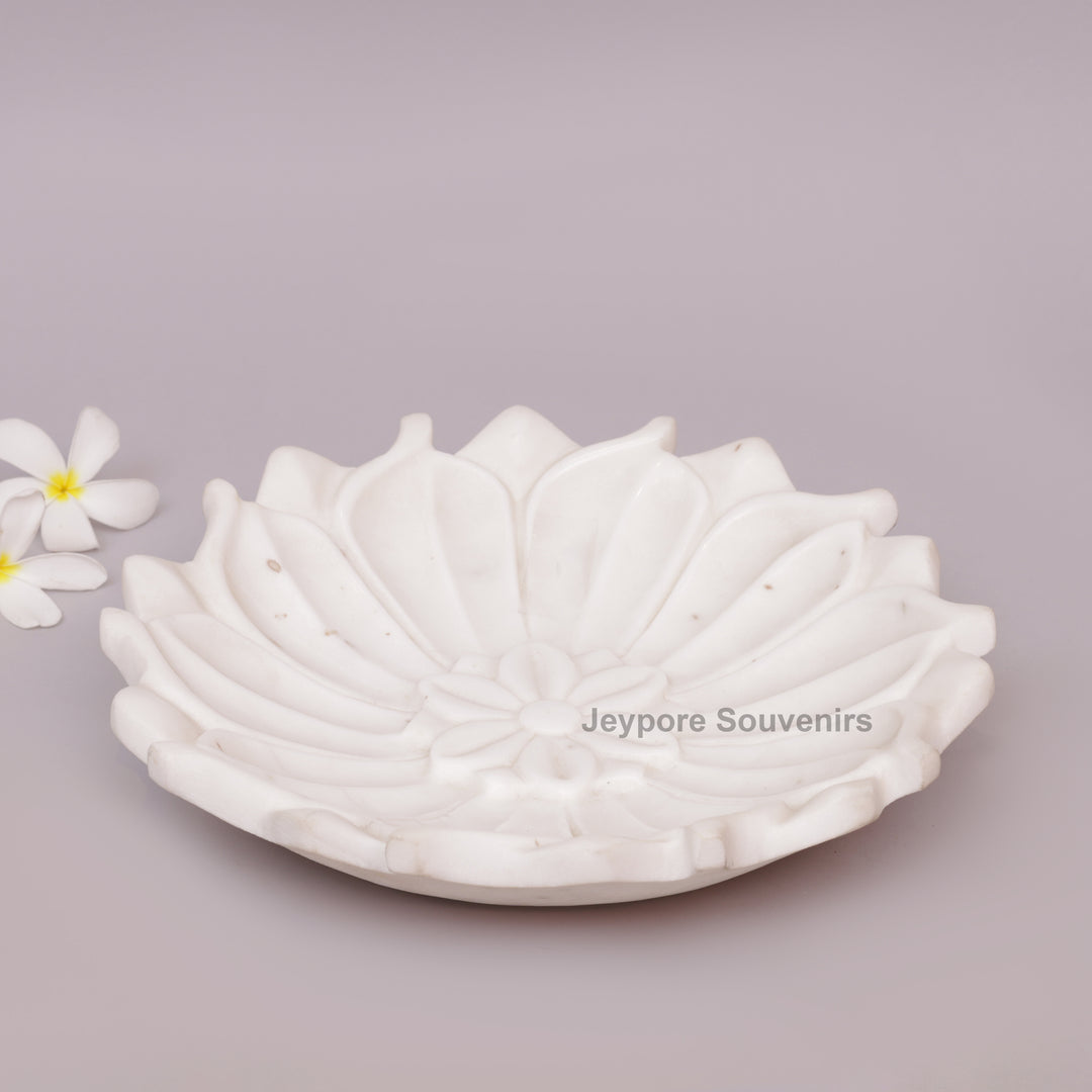 Hand-Carved White Marble Lotus Urli Bowl