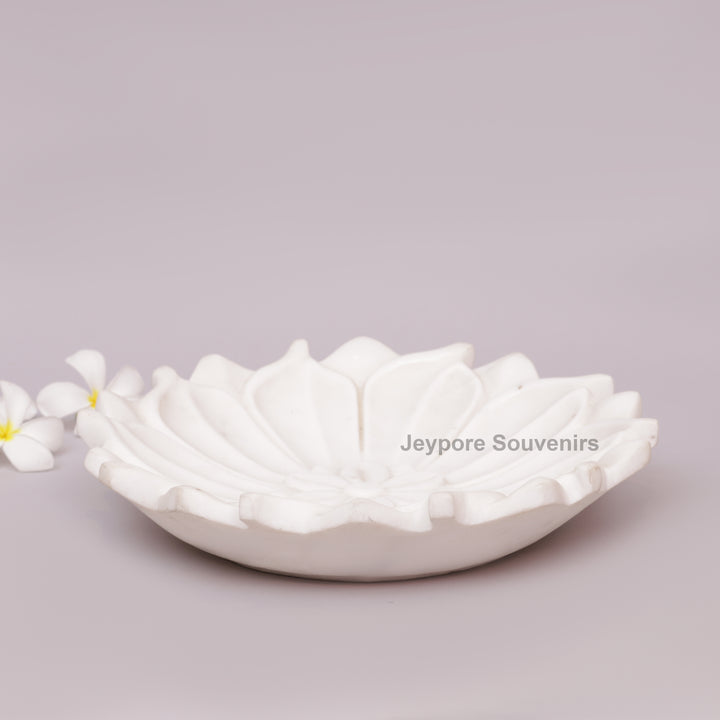 Hand-Carved White Marble Lotus Urli Bowl