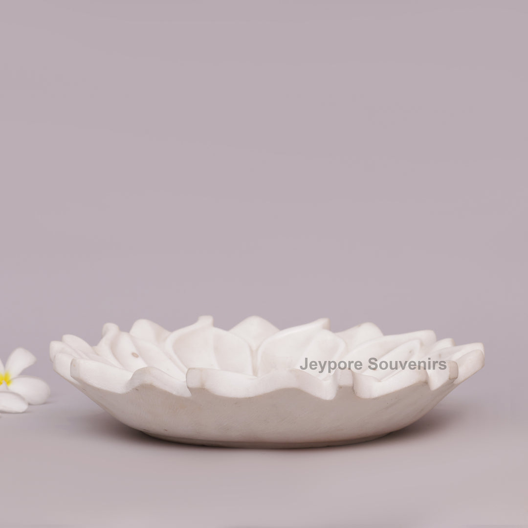 Hand-Carved White Marble Lotus Urli Bowl