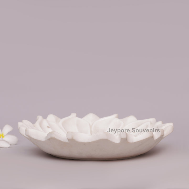 Hand-Carved White Marble Lotus Urli Bowl