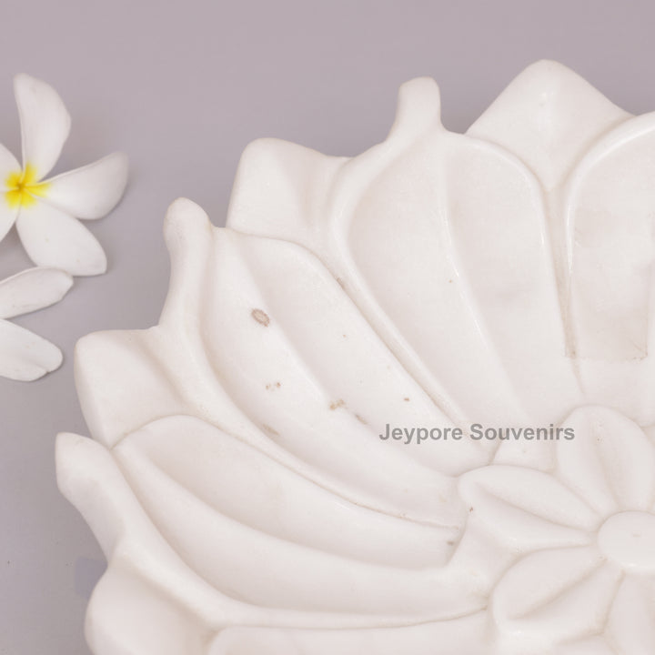 Hand-Carved White Marble Lotus Urli Bowl