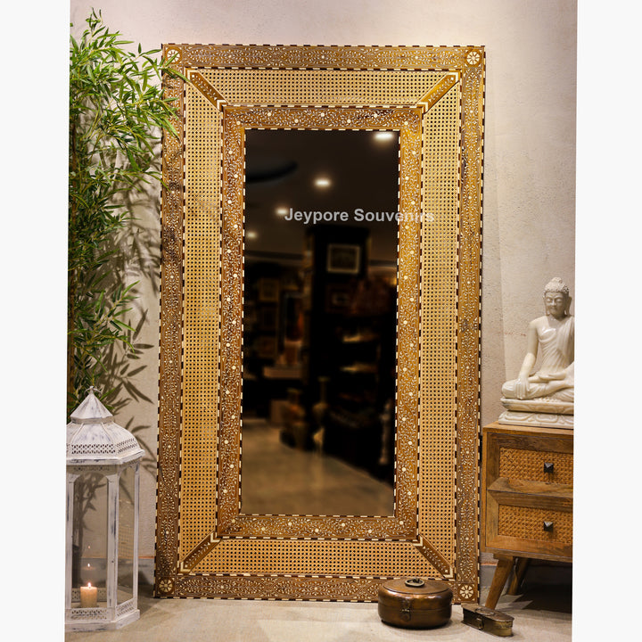 Handcrafted Bone Inlay &amp; Cane Luxury Rectangular Wall Mirror