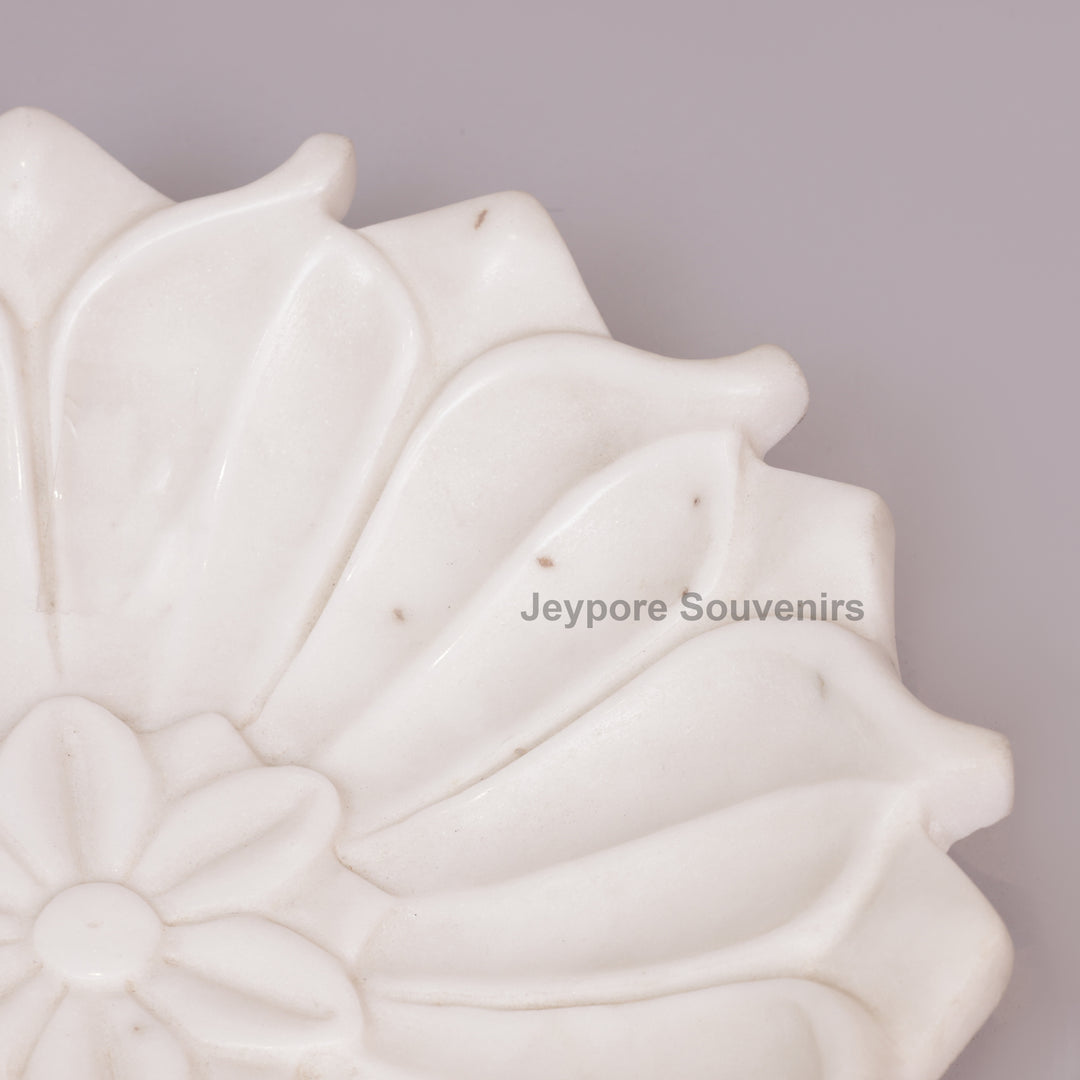 Hand-Carved White Marble Lotus Urli Bowl