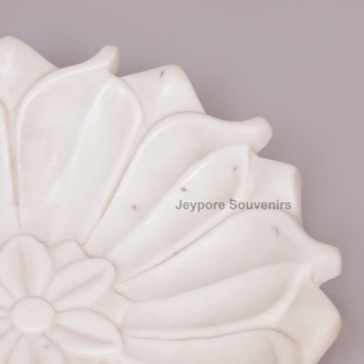 Hand-Carved White Marble Lotus Urli Bowl