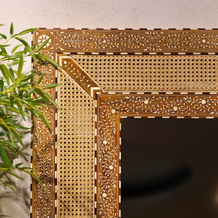 Handcrafted Bone Inlay &amp; Cane Luxury Rectangular Wall Mirror