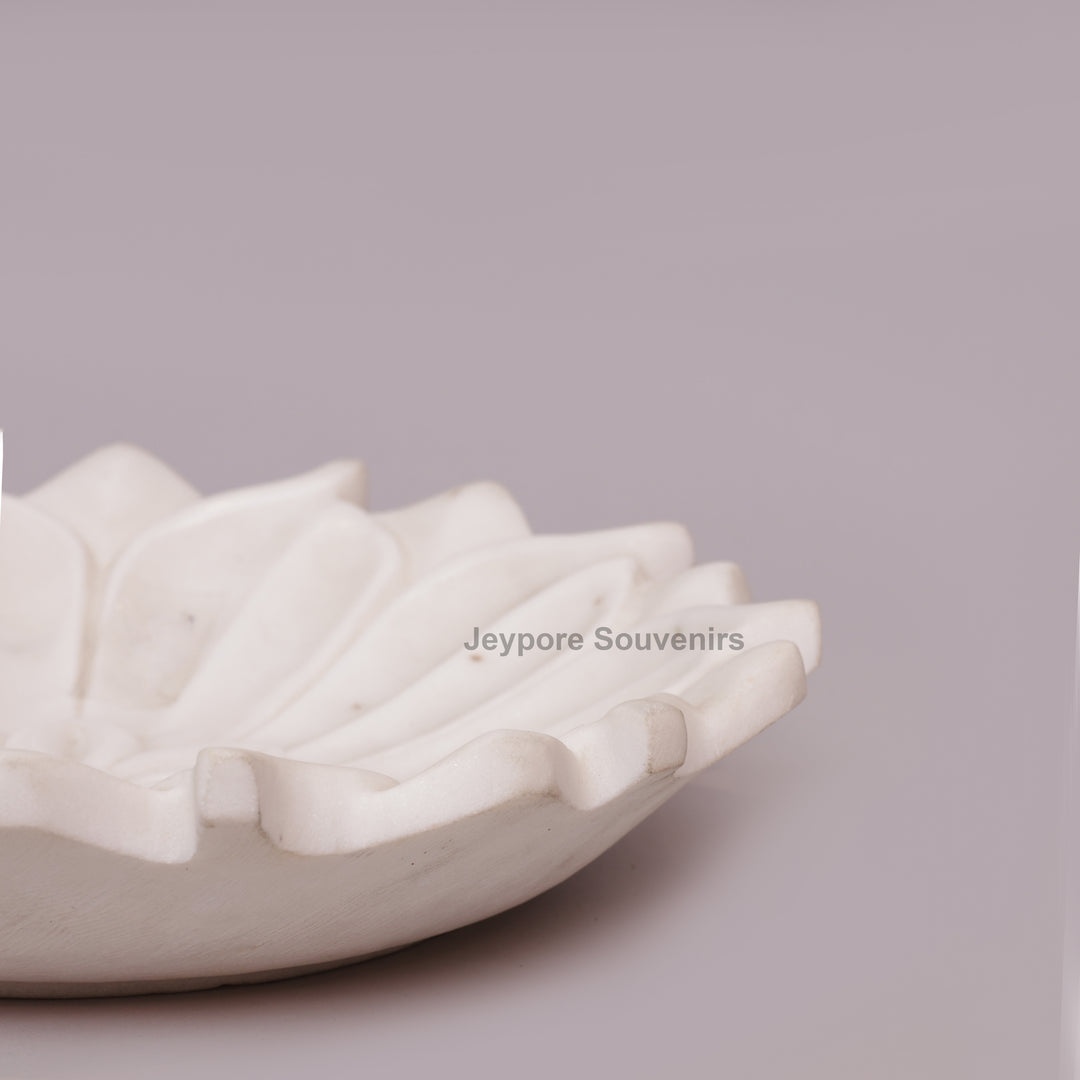 Hand-Carved White Marble Lotus Urli Bowl