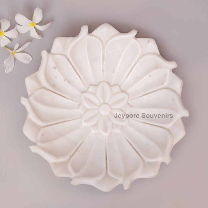Hand-Carved White Marble Lotus Urli Bowl