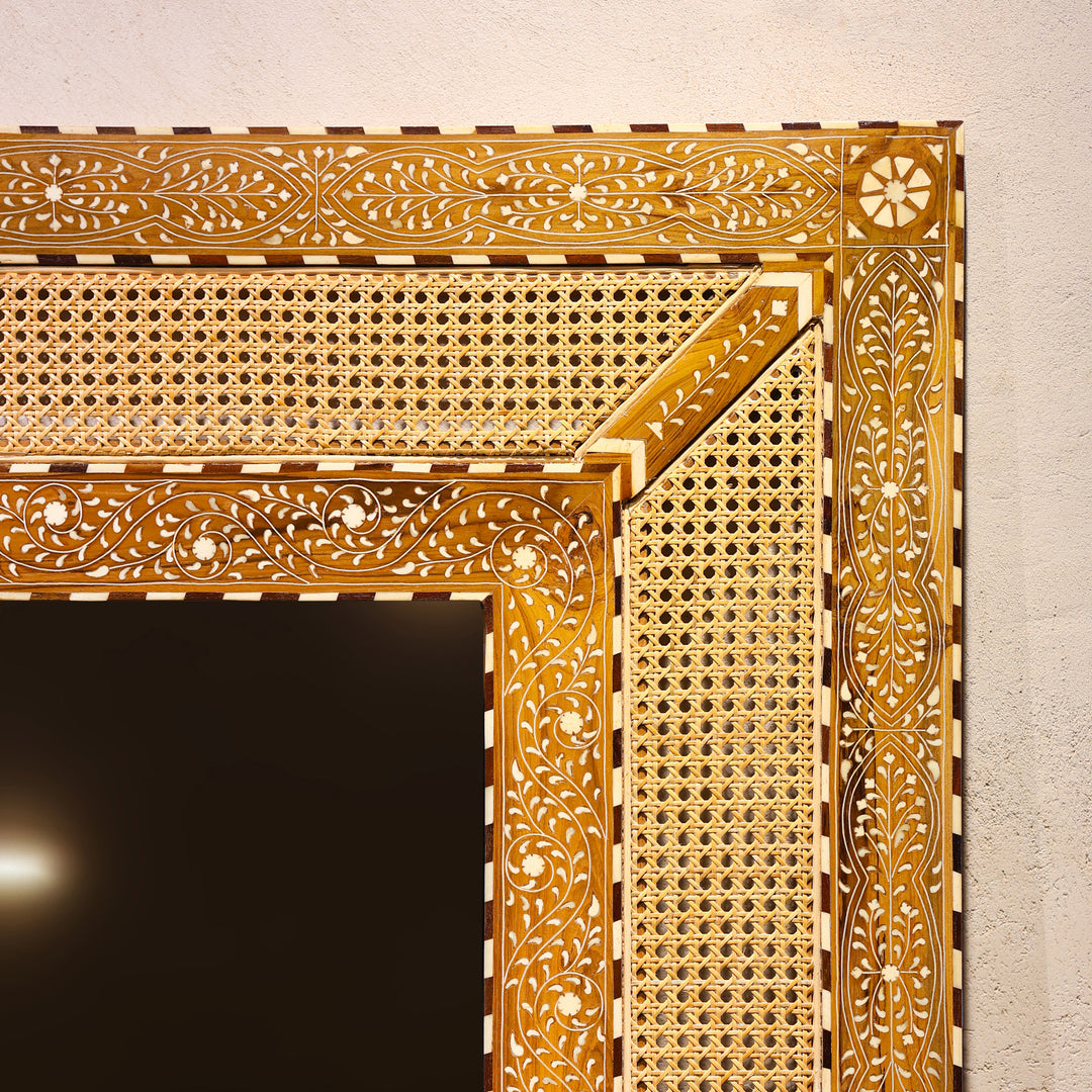 Handcrafted Bone Inlay &amp; Cane Luxury Rectangular Wall Mirror