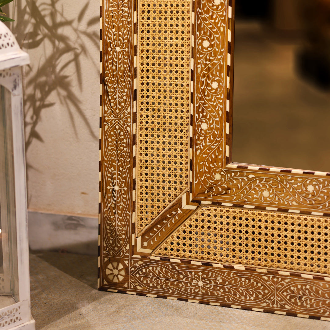 Handcrafted Bone Inlay &amp; Cane Luxury Rectangular Wall Mirror