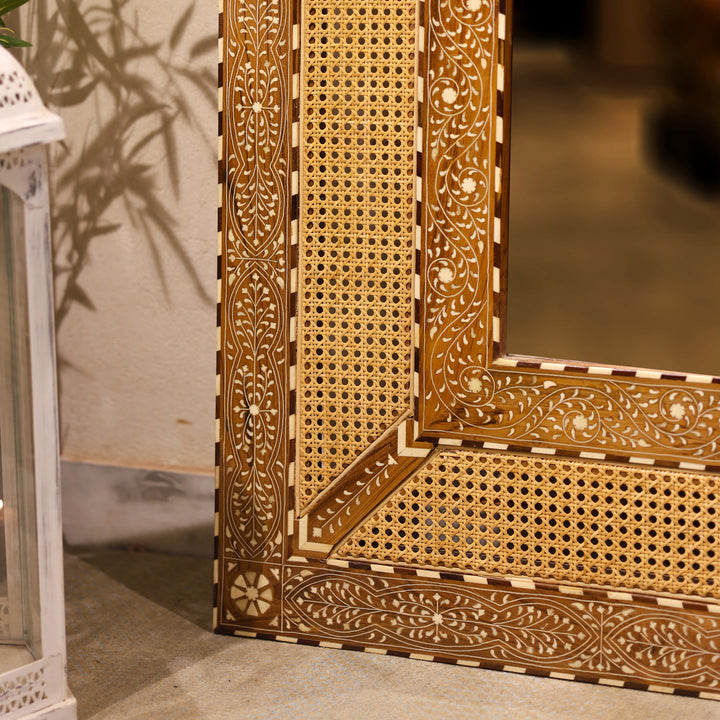 Handcrafted Bone Inlay &amp; Cane Luxury Rectangular Wall Mirror