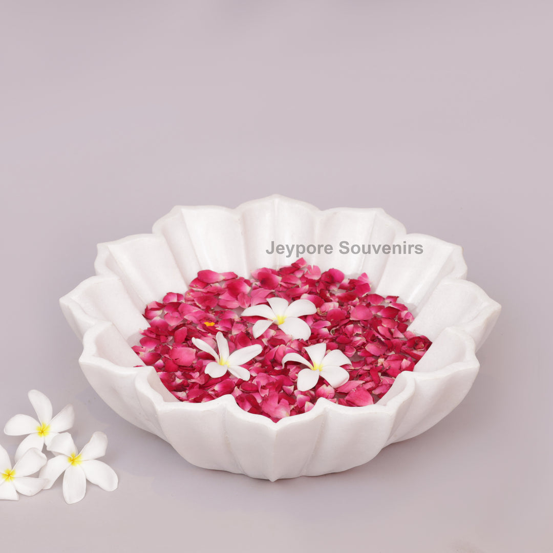 Handcrafted White Marble Lotus Urli Bowl With Fluted Petal Design