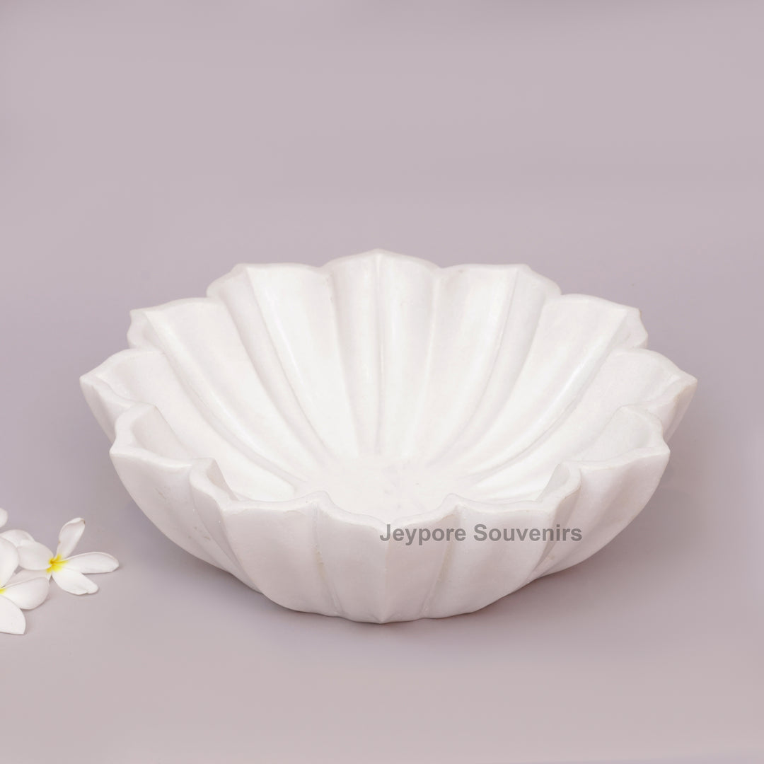 Handcrafted White Marble Lotus Urli Bowl With Fluted Petal Design