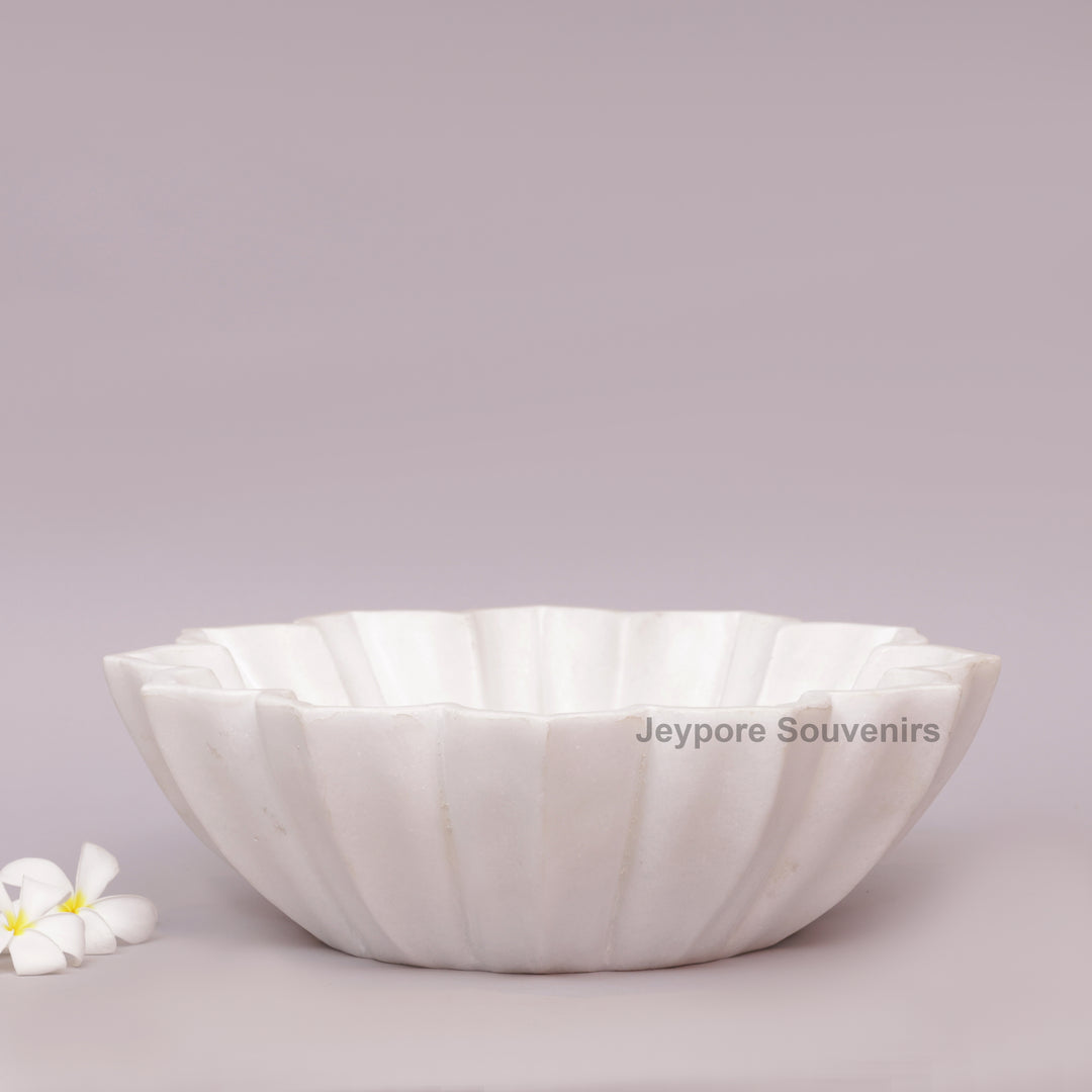 Handcrafted White Marble Lotus Urli Bowl With Fluted Petal Design