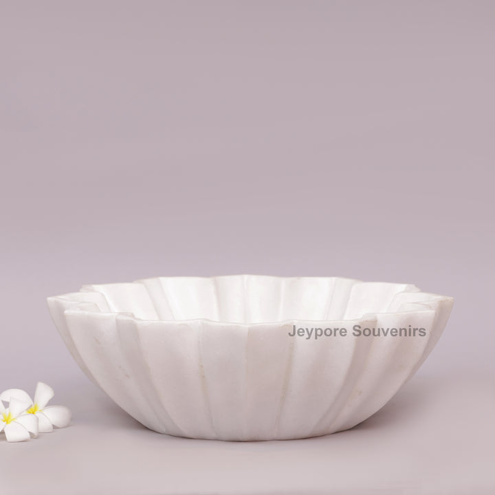 Handcrafted White Marble Lotus Urli Bowl With Fluted Petal Design