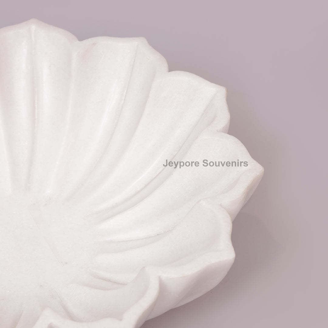 Handcrafted White Marble Lotus Urli Bowl With Fluted Petal Design