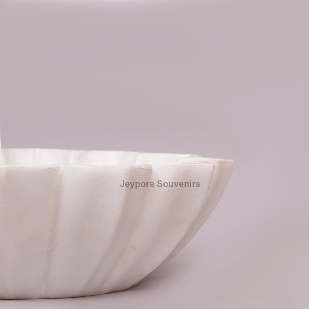 Handcrafted White Marble Lotus Urli Bowl With Fluted Petal Design