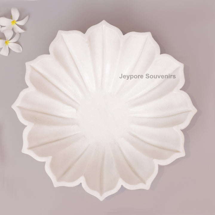 Handcrafted White Marble Lotus Urli Bowl With Fluted Petal Design