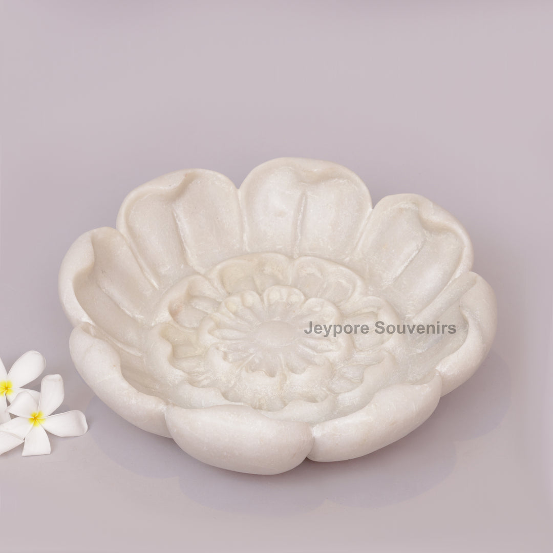 Hand-Carved White Marble Lotus Bowl