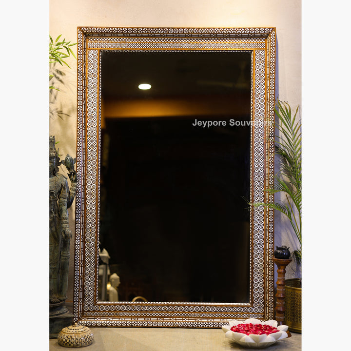Handcrafted Bone Inlay Wooden Wall Mirror with Intricate Geometric Border