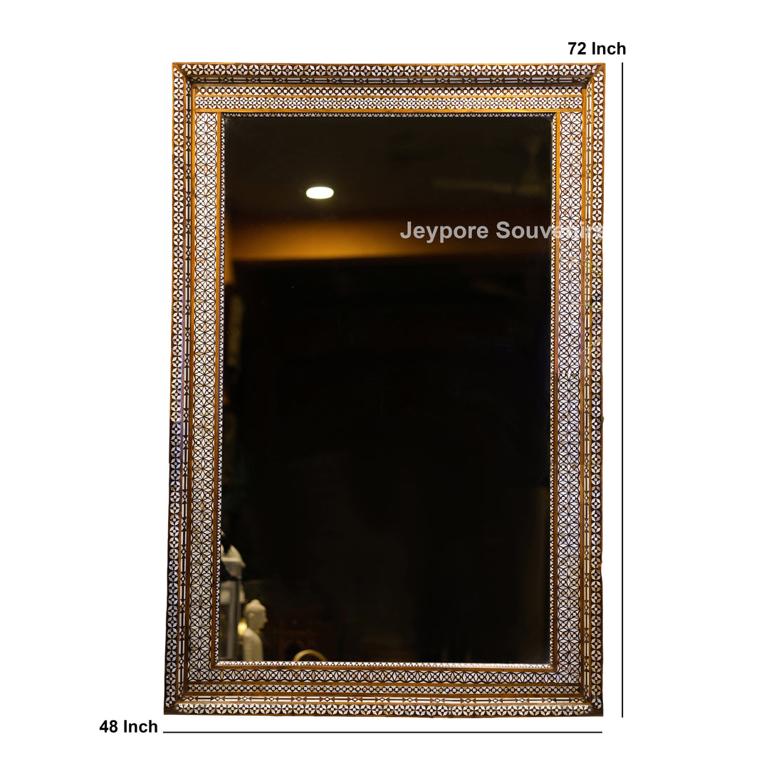 Handcrafted Bone Inlay Wooden Wall Mirror with Intricate Geometric Border